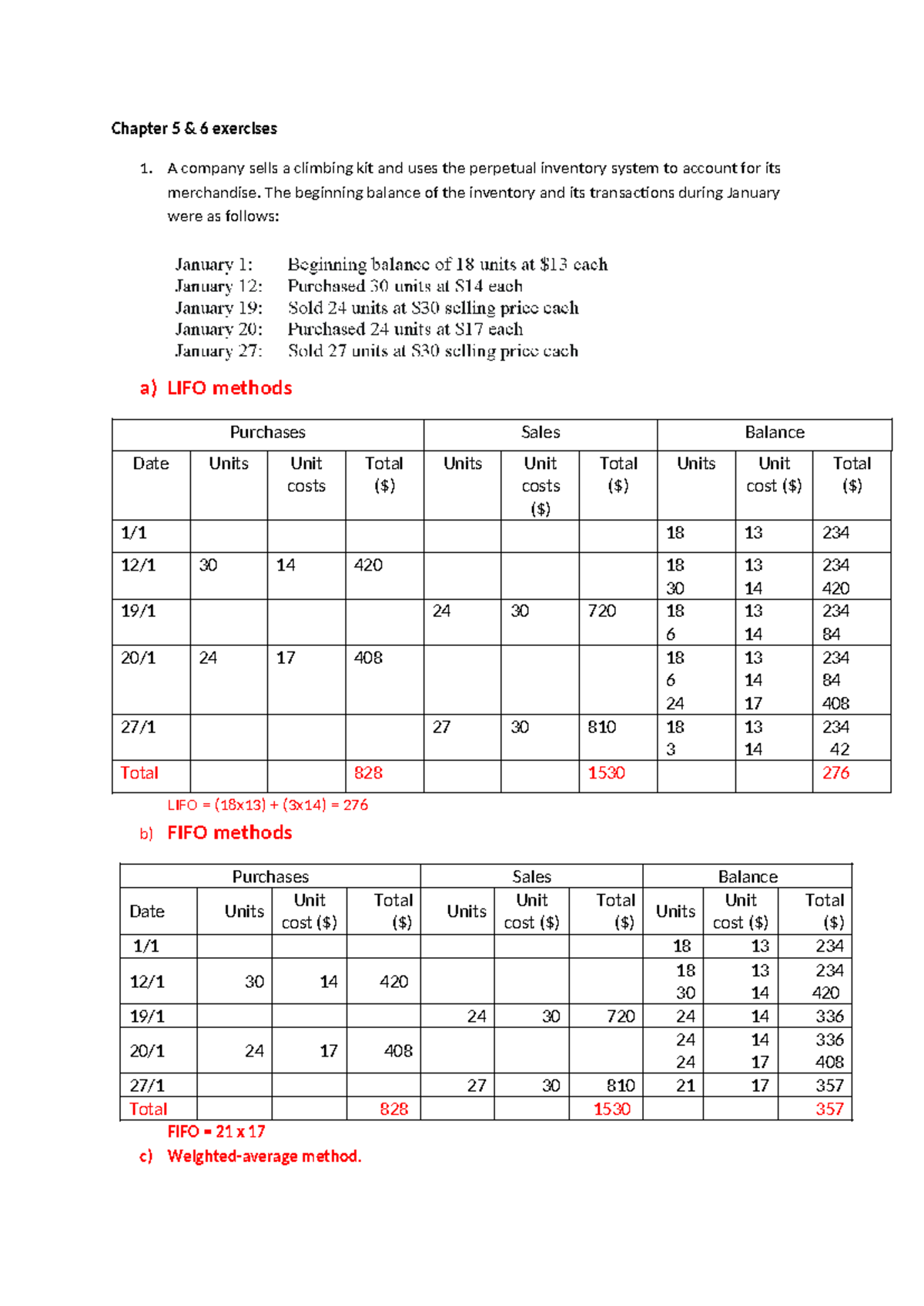 Chapter 5: Inventory Accounting Exercises (LIFO, FIFO, Weighted Avg ...