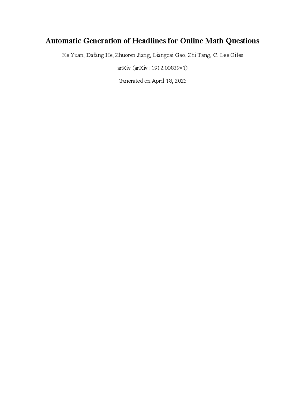 Automatic Math Headline Generation for Detailed Questions (NAME) - Studocu