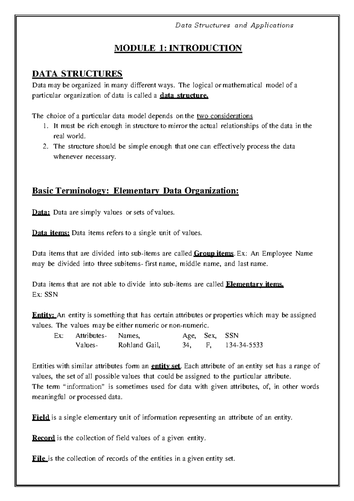 Data Structures and Applications DSA MOD 1: Introductory Notes - Studocu