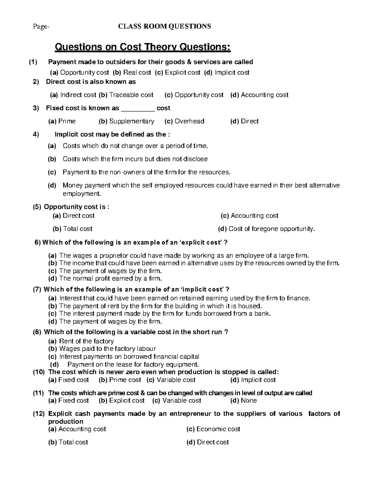Cost Theory Questions for Economics 101: Classroom Practice Quiz - Studocu