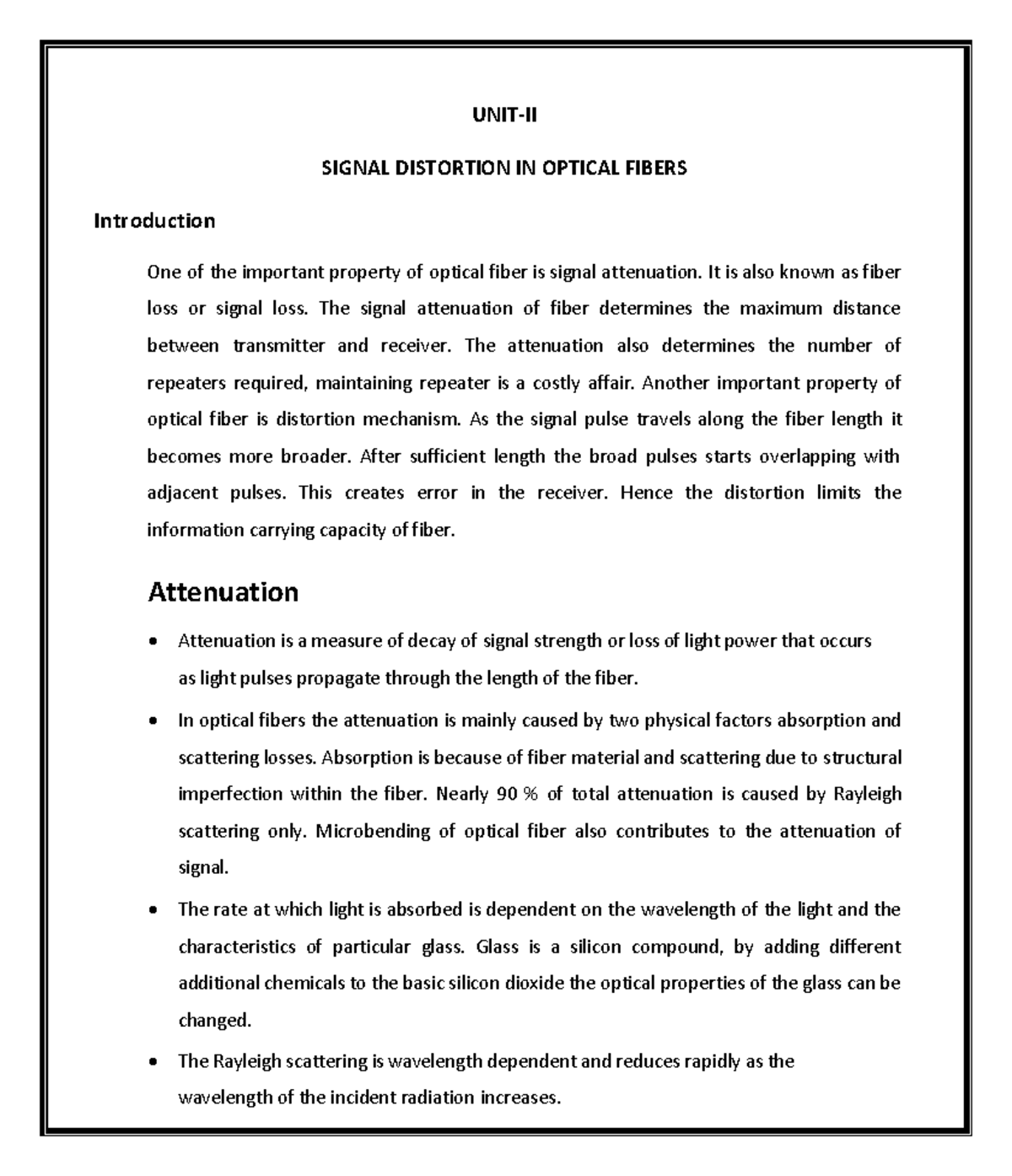 MWOC Unit-4 Signal Distortion and Attenuation in Optical Fibers Notes ...