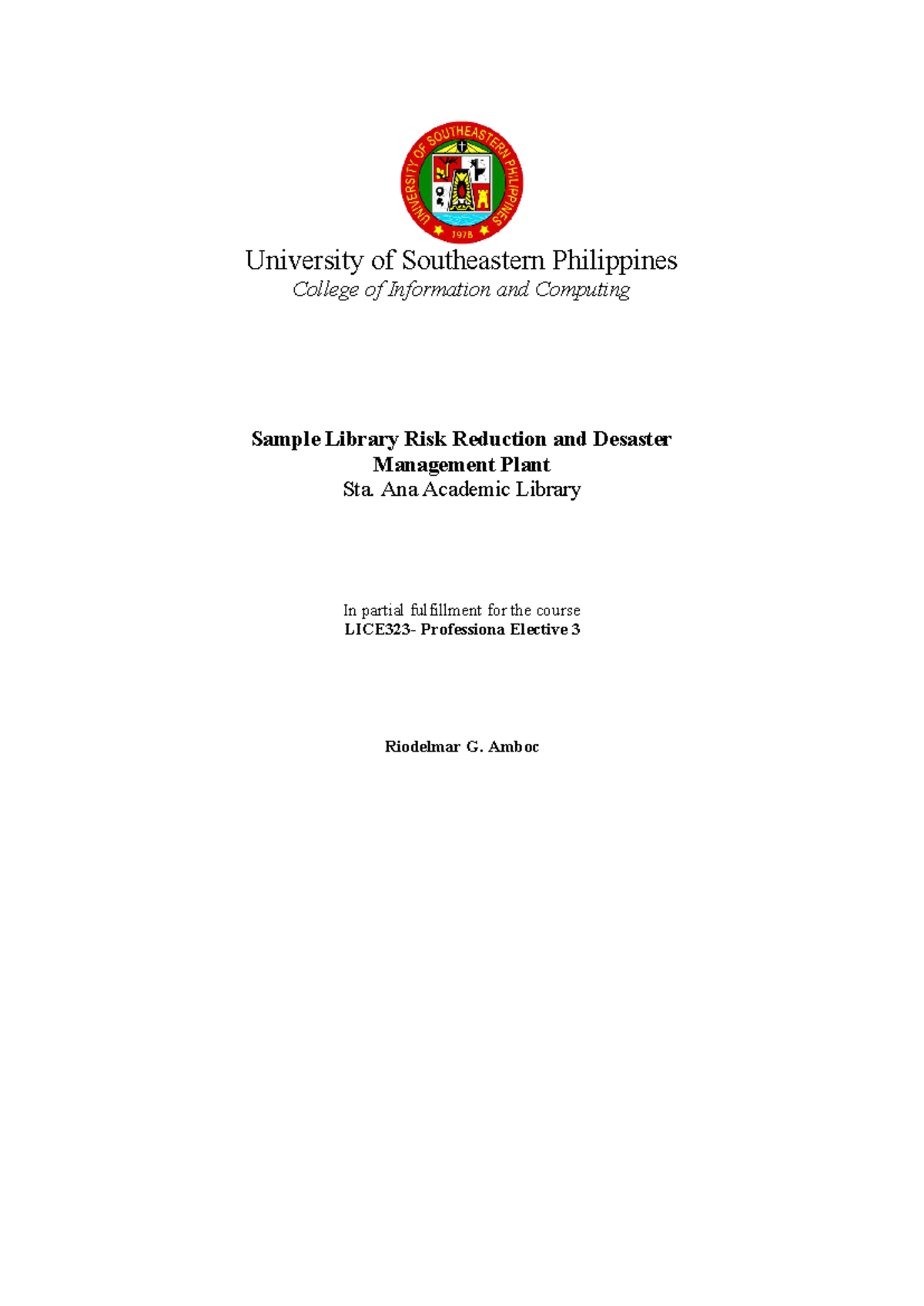 Sample Library Disaster Risk Reduction Plan - LICE323 - Studocu