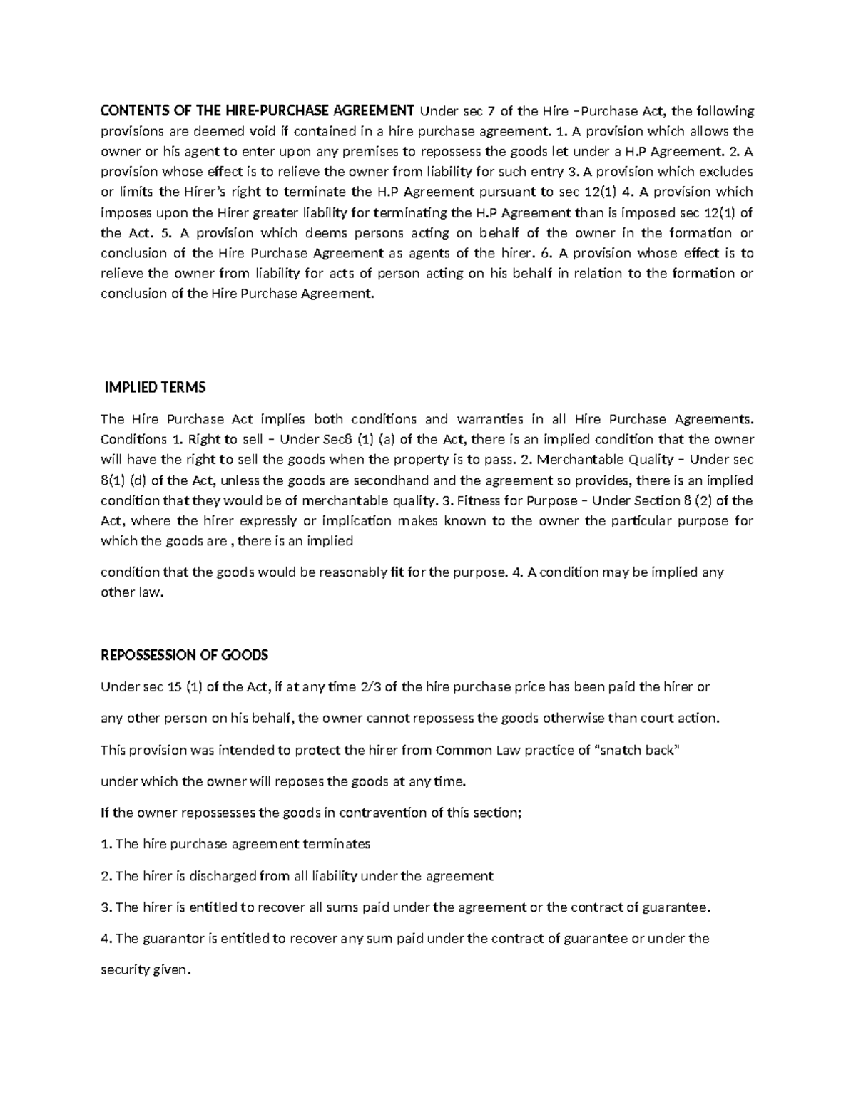 Contents of the Hire Purchase Agreement - Notes - Studocu