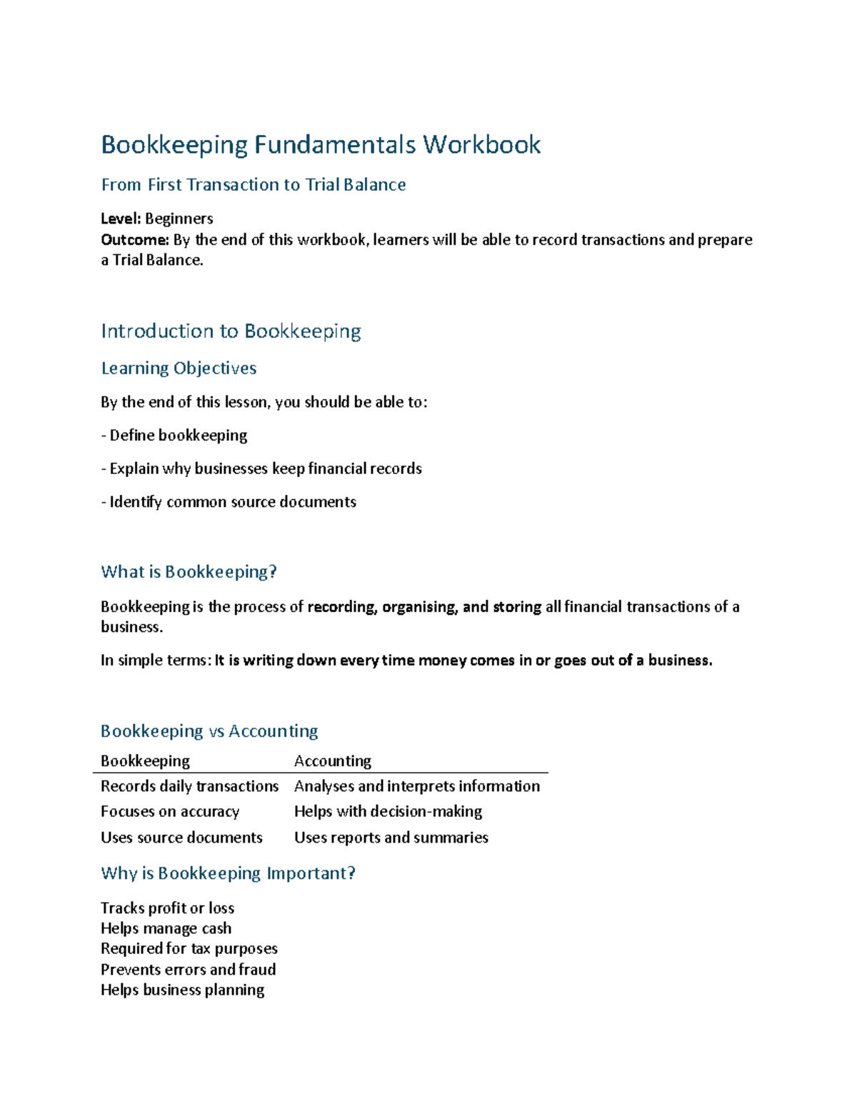 Bookkeeping Fundamentals Workbook: From Transactions to Trial Balance ...