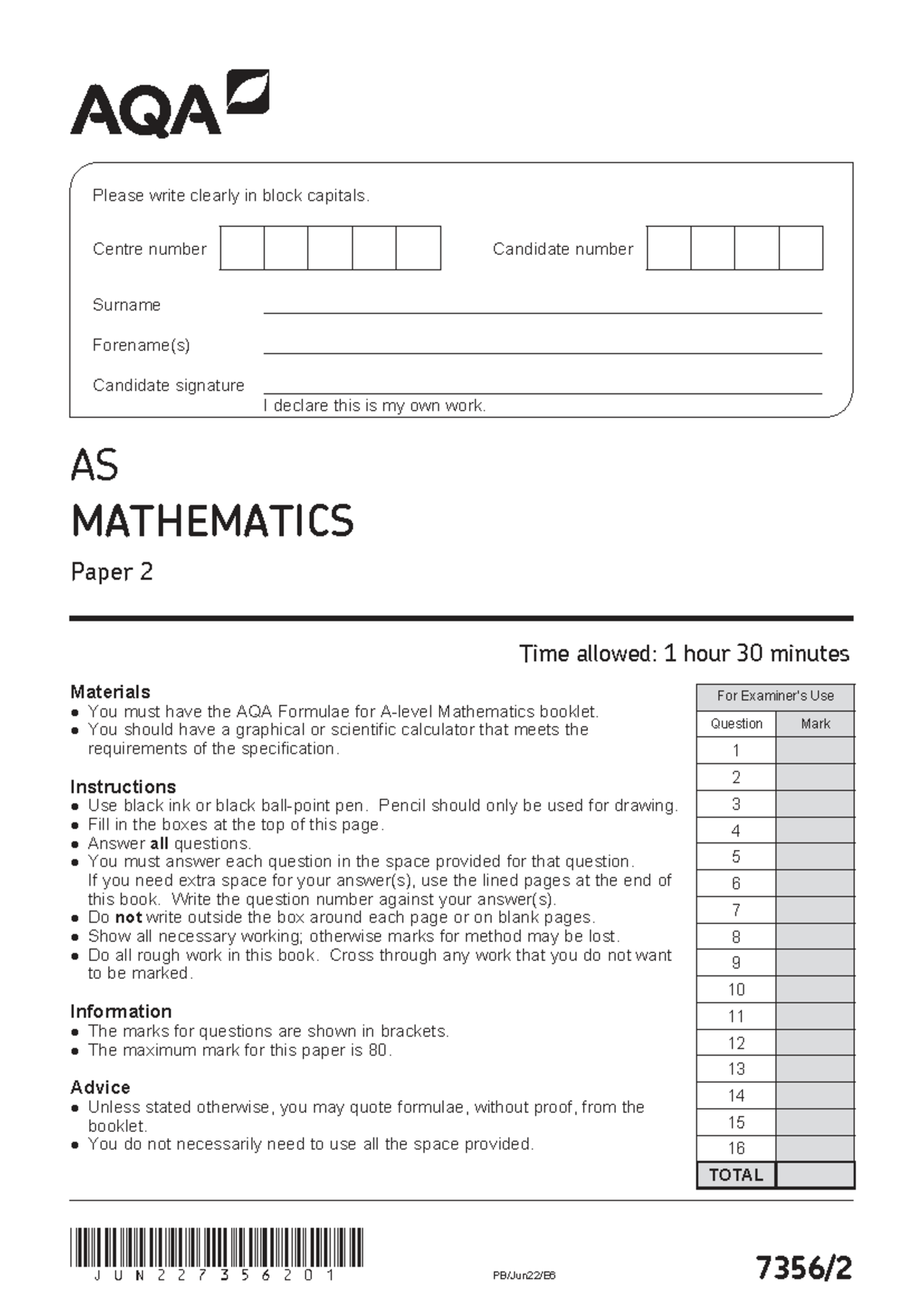 AQA MATHEMATICS Paper 2 (AS) - June 2022 Question Paper - Studocu