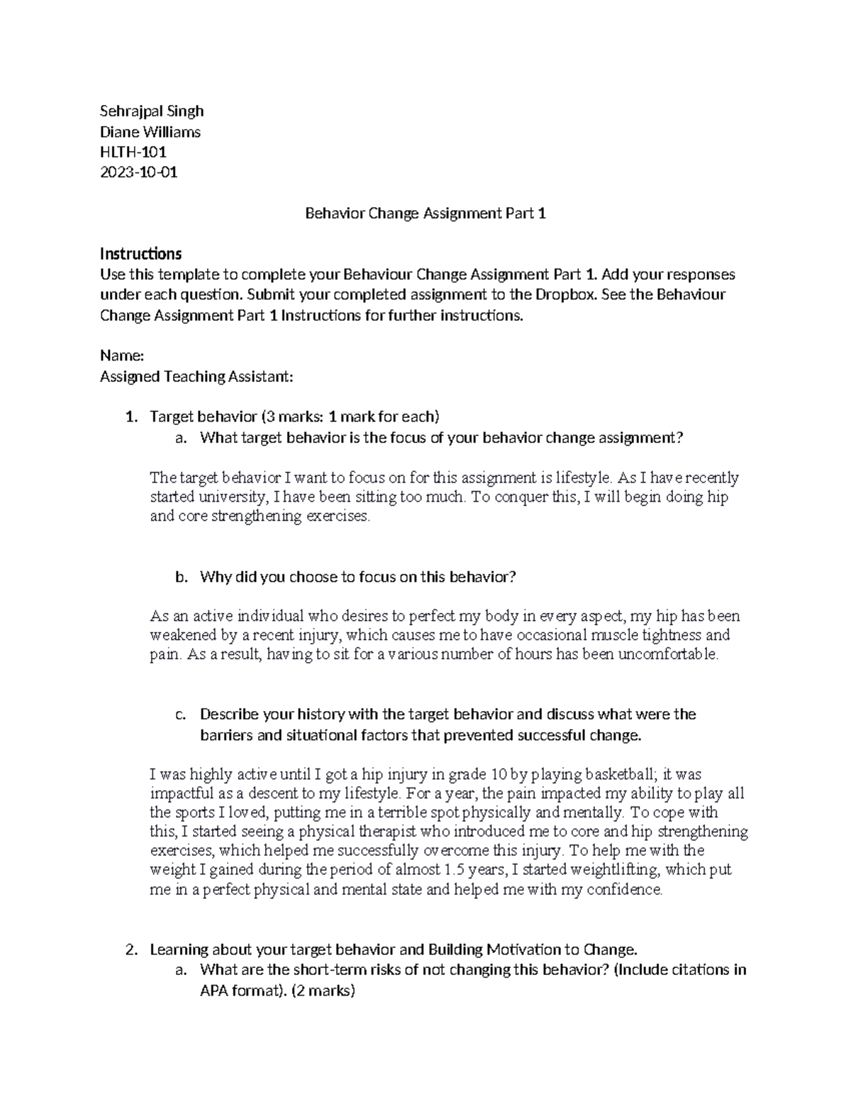 HLTH-2023 Behavior Change Assignment Part 1 Template Section 001 - Studocu