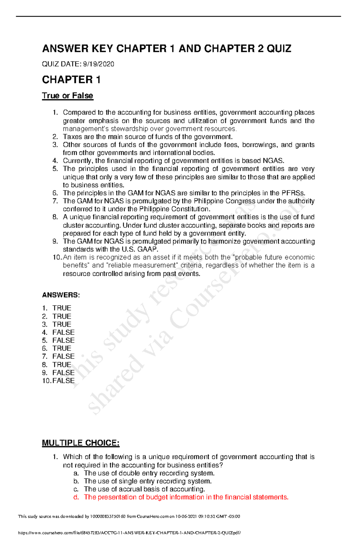 Acctg 11 Answer KEY Chapter 1 AND Chapter 2 QUIZ - BS in Accountancy ...