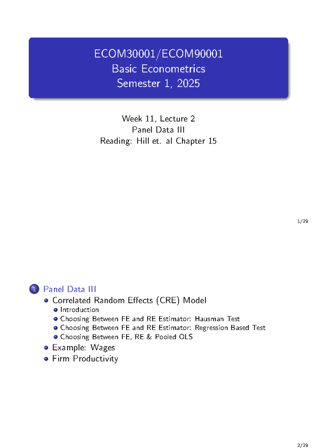 Basic Econometrics (ECON 101) Week 11 Lecture 2: Panel Data Analysis ...