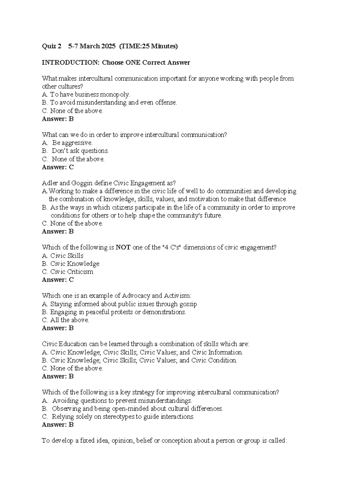 NGC Quiz 2: Intercultural Communication Insights (March 2025) - Studocu