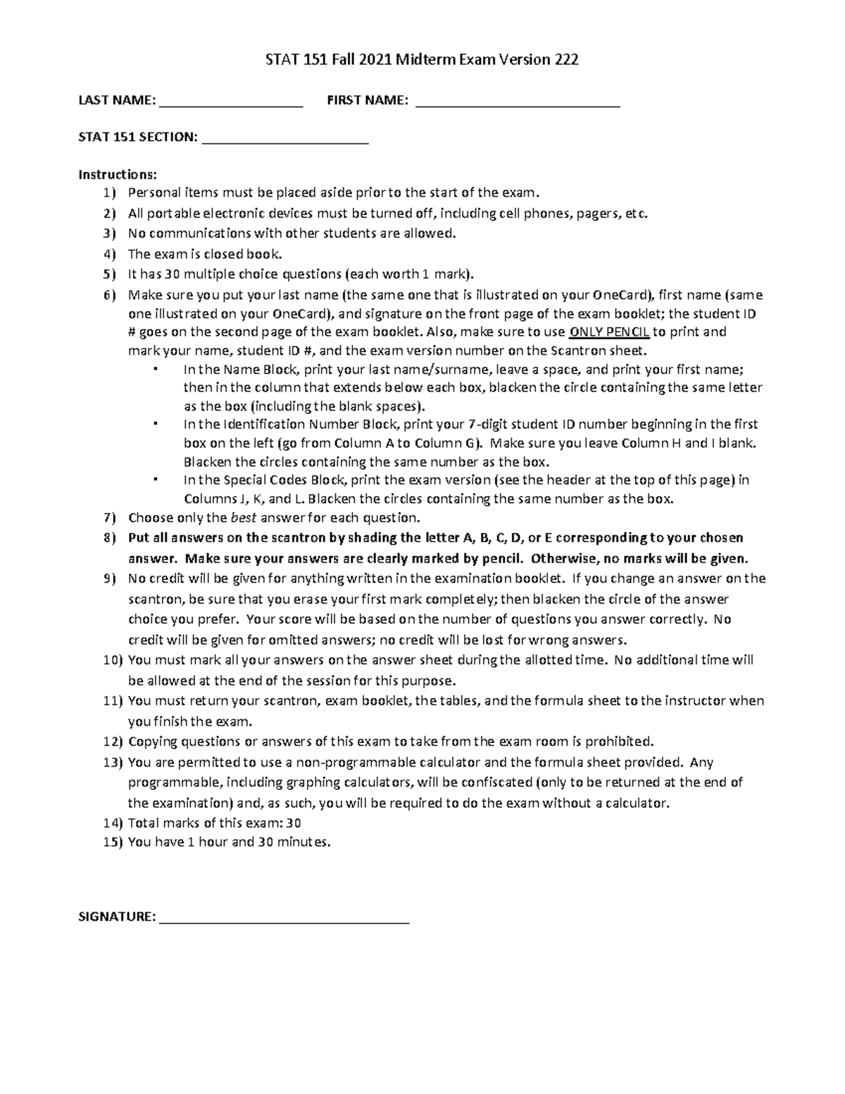 Stats STAT 151 Fall 2021 Midterm V222 Exam - Complete Answer Key - Studocu