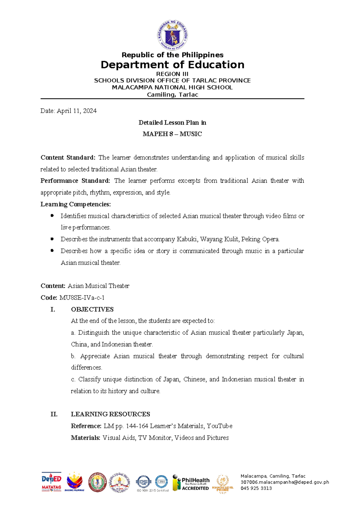 Detailed Lesson Plan in MAPEH 8: Asian Musical Theater Insights - Studocu