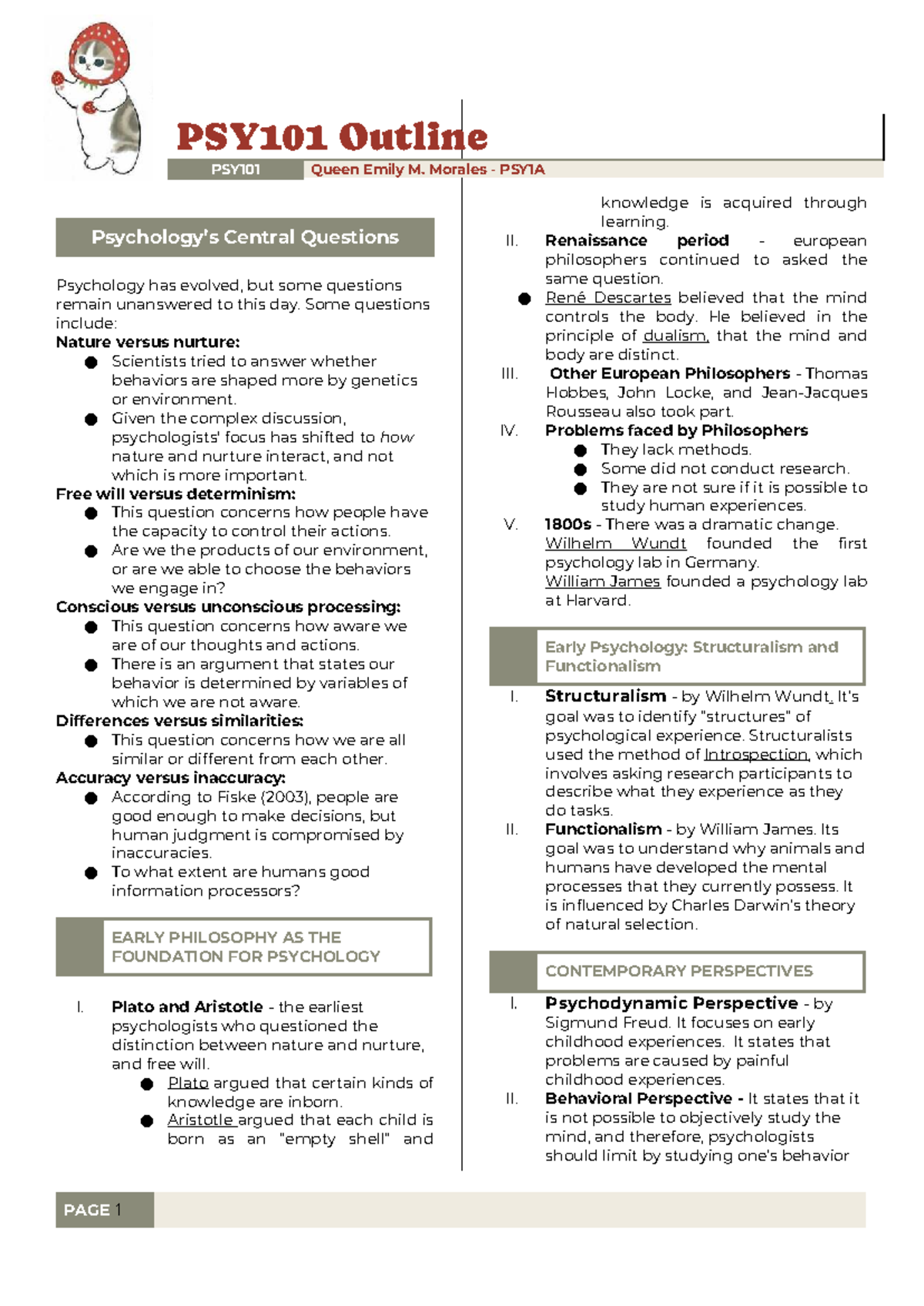 PSY101 Final Exam Outline: Key Questions in Psychology - Studocu