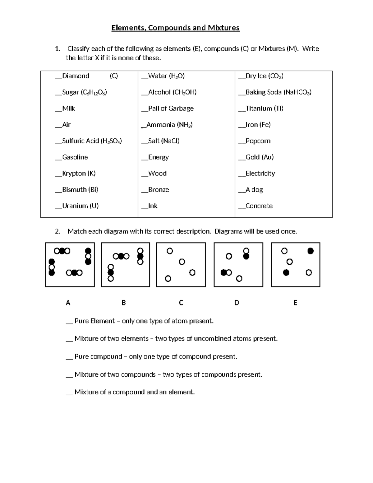 Lesson 1: Elements, Compounds & Mixtures Worksheet Answers - Studocu