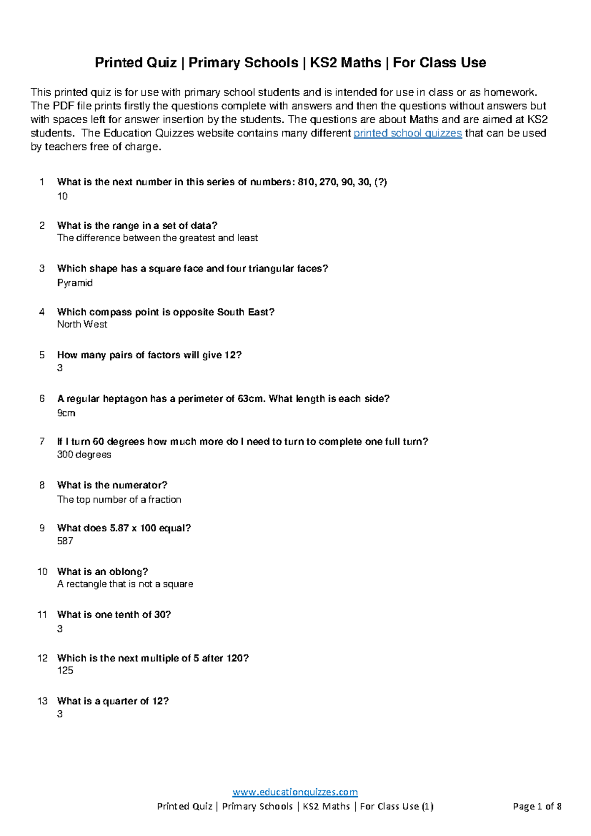 KS2 Maths Quiz for Primary Schools - Class Use Materials - Studocu