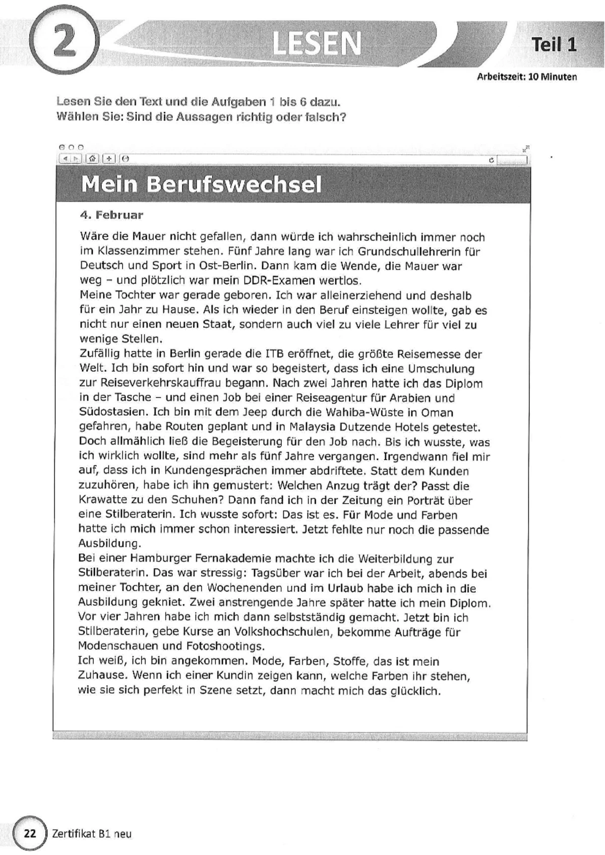Zertifikat B1 - Test 2: Lesen Teil 1 bis Teil 4 - Studocu
