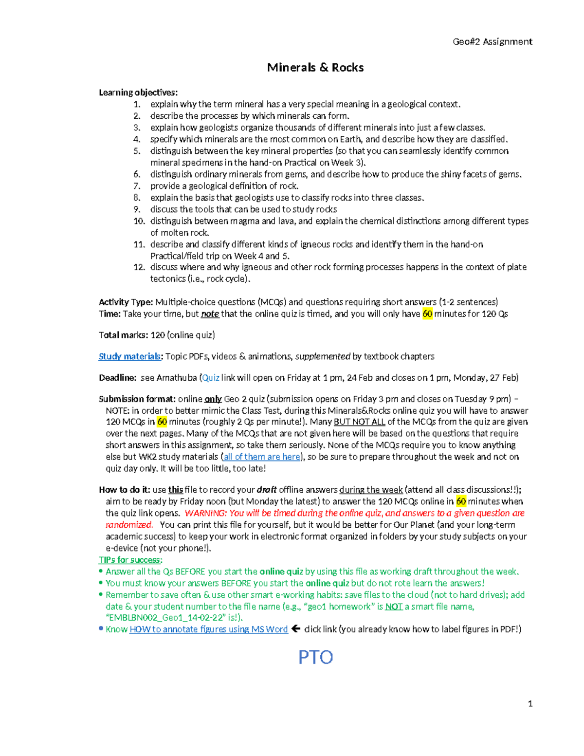 GEO2 Minerals & Rocks Assignment: Learning Objectives & Quiz Prep - Studocu