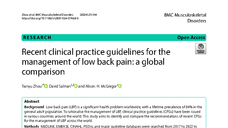 Recent Clinical Practice Guidelines for Low Back Pain Management (2024 ...