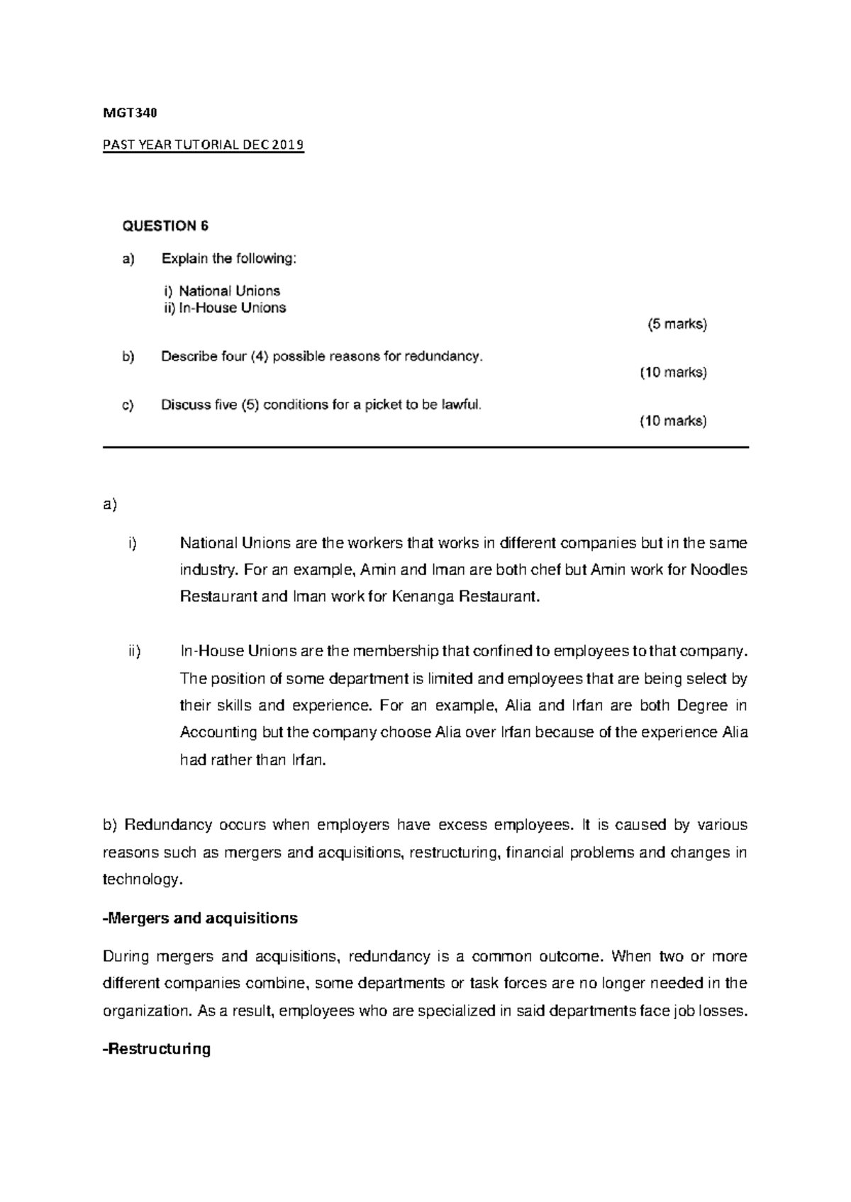 MGT Past Year Tutorial Notes - December 2019 Analysis - Studocu