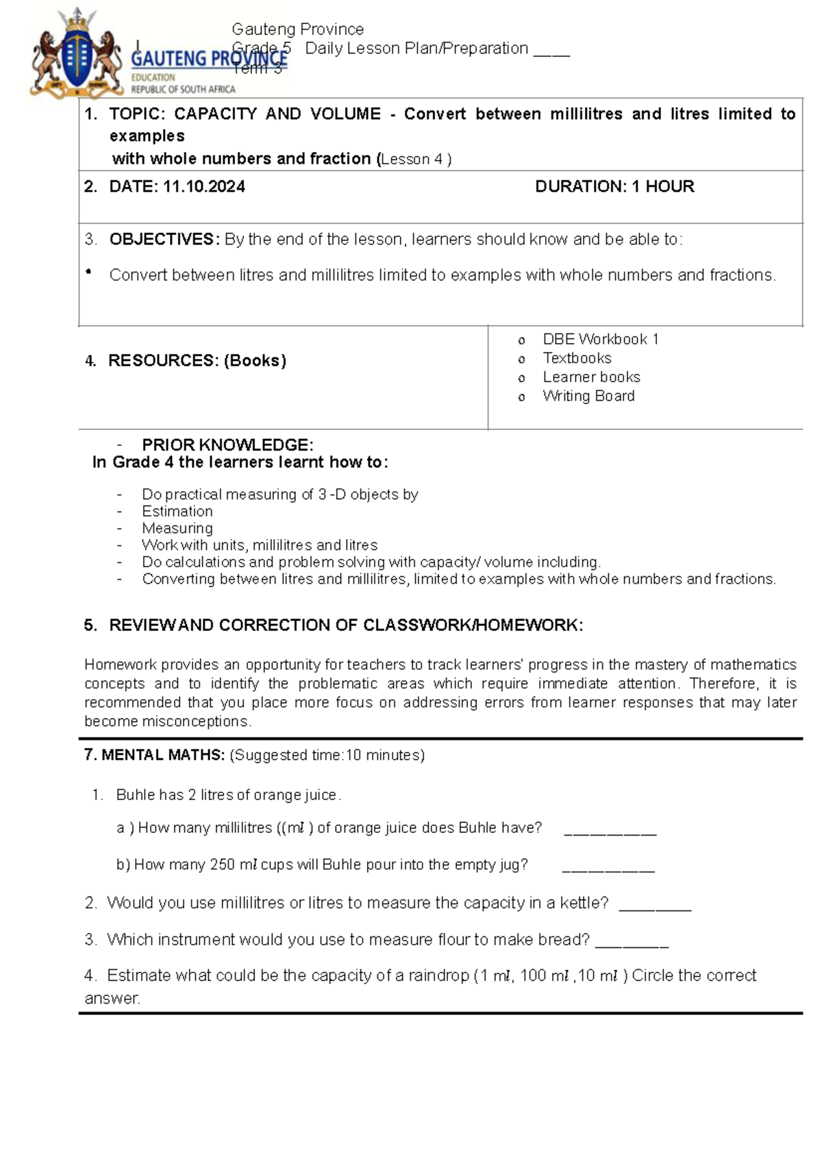 Gauteng Province Grade 5 Term 3 Lesson 4 Capacity & Volume Conversion