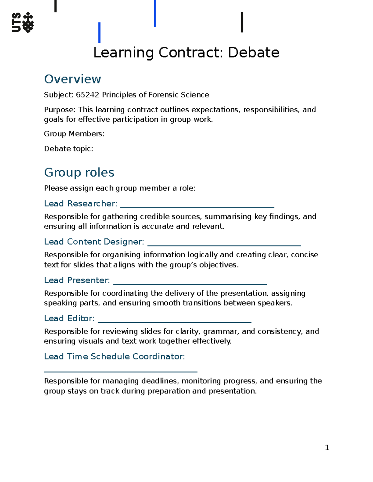 65242 Learning Contract: Group Debate Roles & Expectations - Studocu