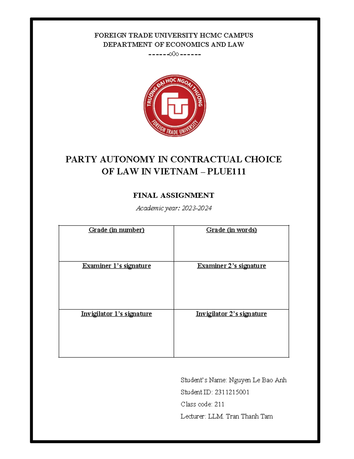 PLDC Final Assignment: Party Autonomy in Vietnam's Contract Law - Studocu
