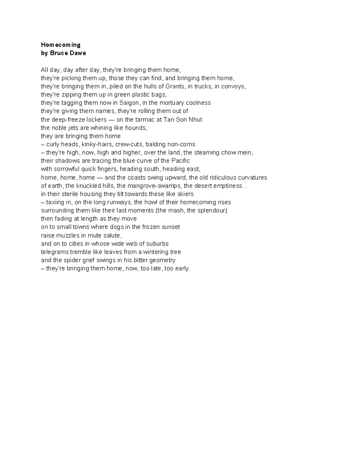 Homecoming Analysis: Bruce Dawe's Poetic Journey - Studocu