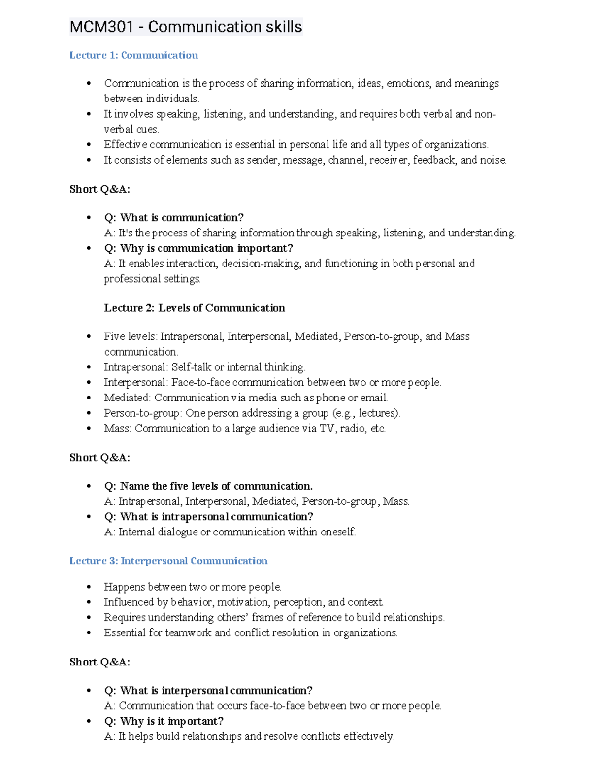 MCM301 Communication Skills Midterm 2025: Comprehensive Study Notes ...