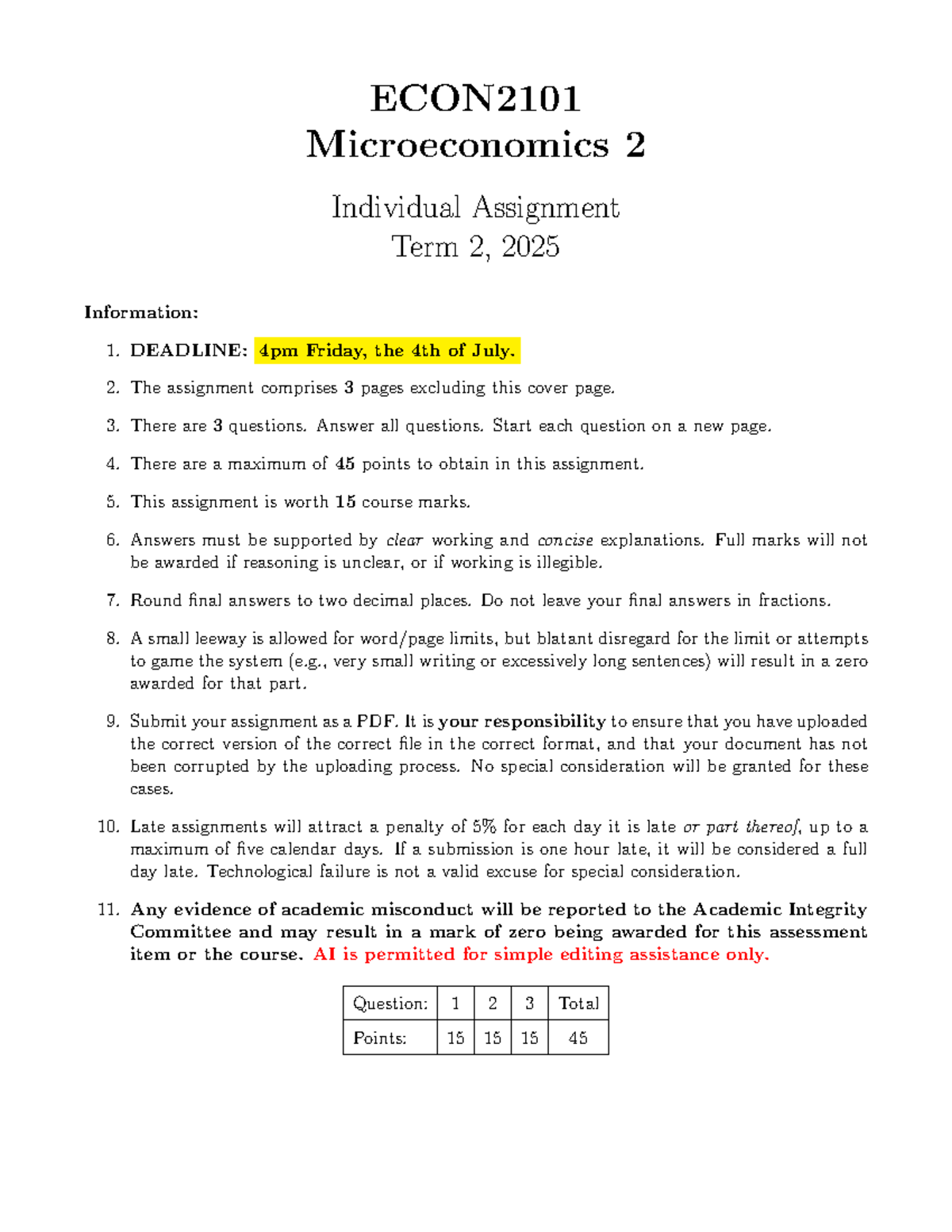 ECON2101 Microeconomics 2 Individual Assignment Term 2, 2025 Guidelines ...