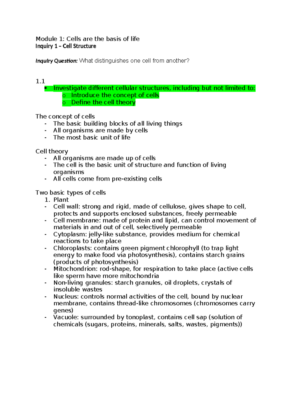 Mod 1-4 Biology Summary Notes: Cell Structure & Function Insights - Studocu