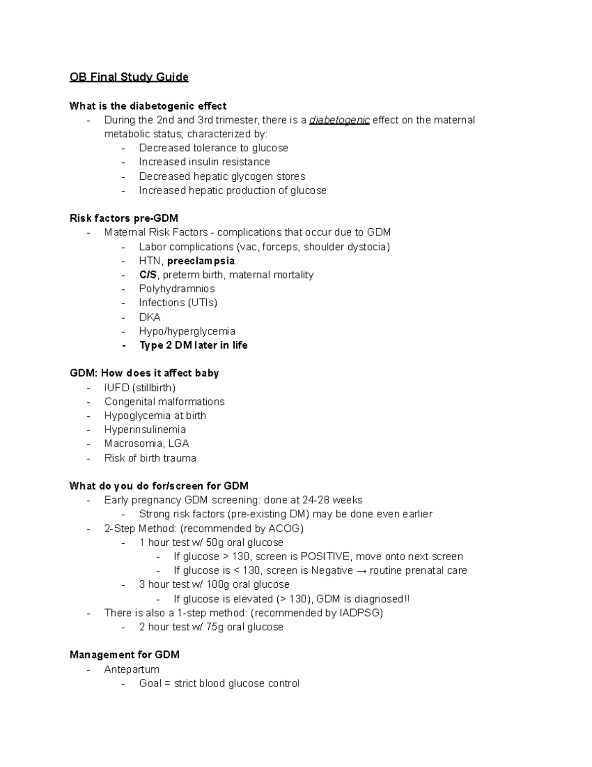 OB Final Exam Study Guide: Key Concepts on GDM and Perinatal Care - Studocu