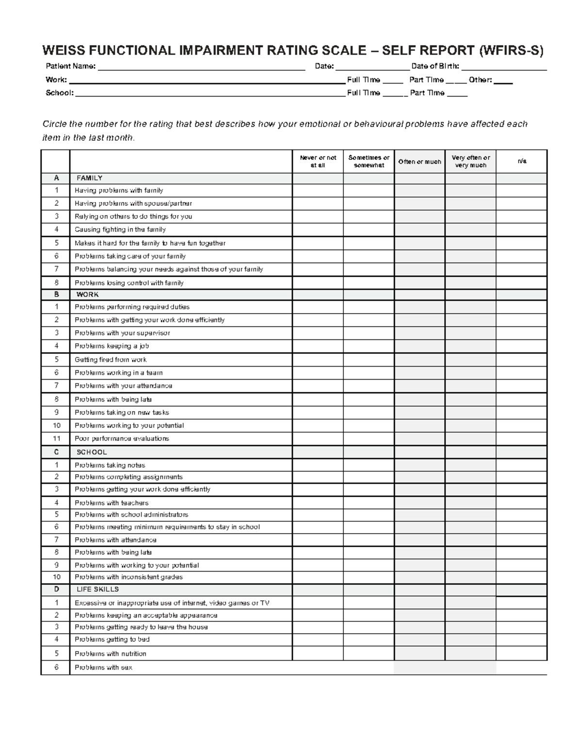 WFIRS-S: Weiss Functional Impairment Rating Scale - Self Report - Studocu