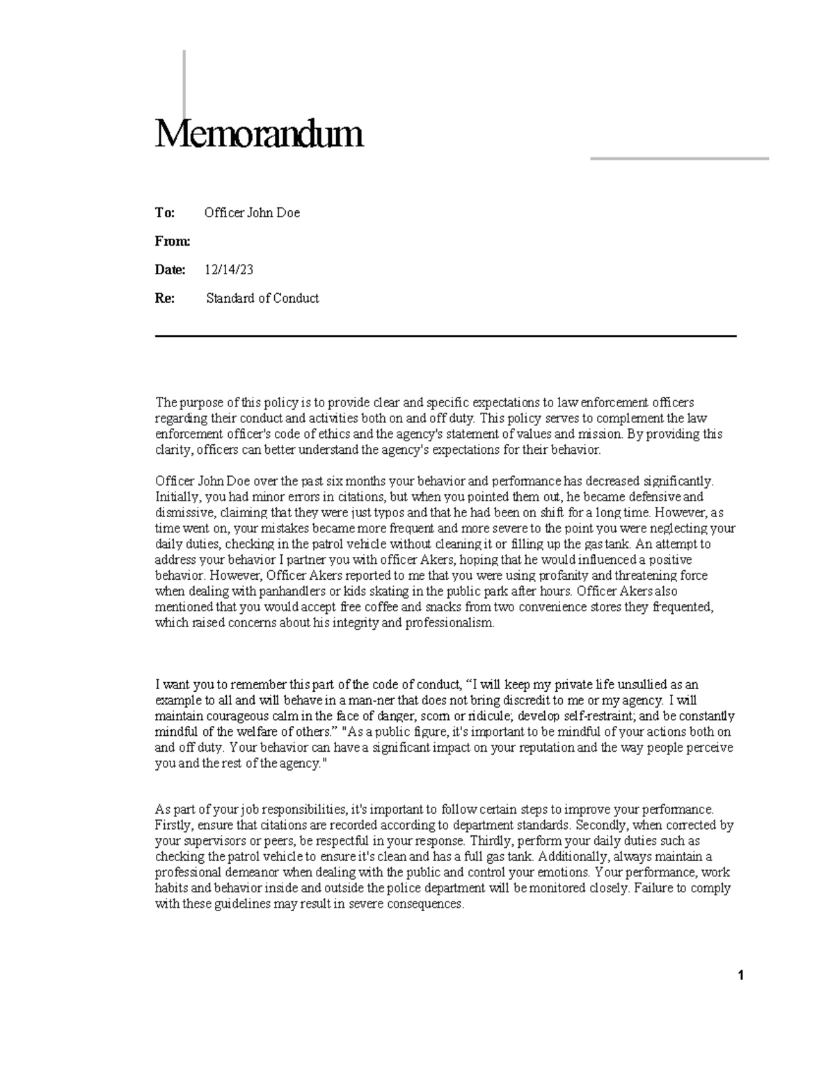 Personnel Action Memo: Conduct Review for Officer John Doe - Studocu