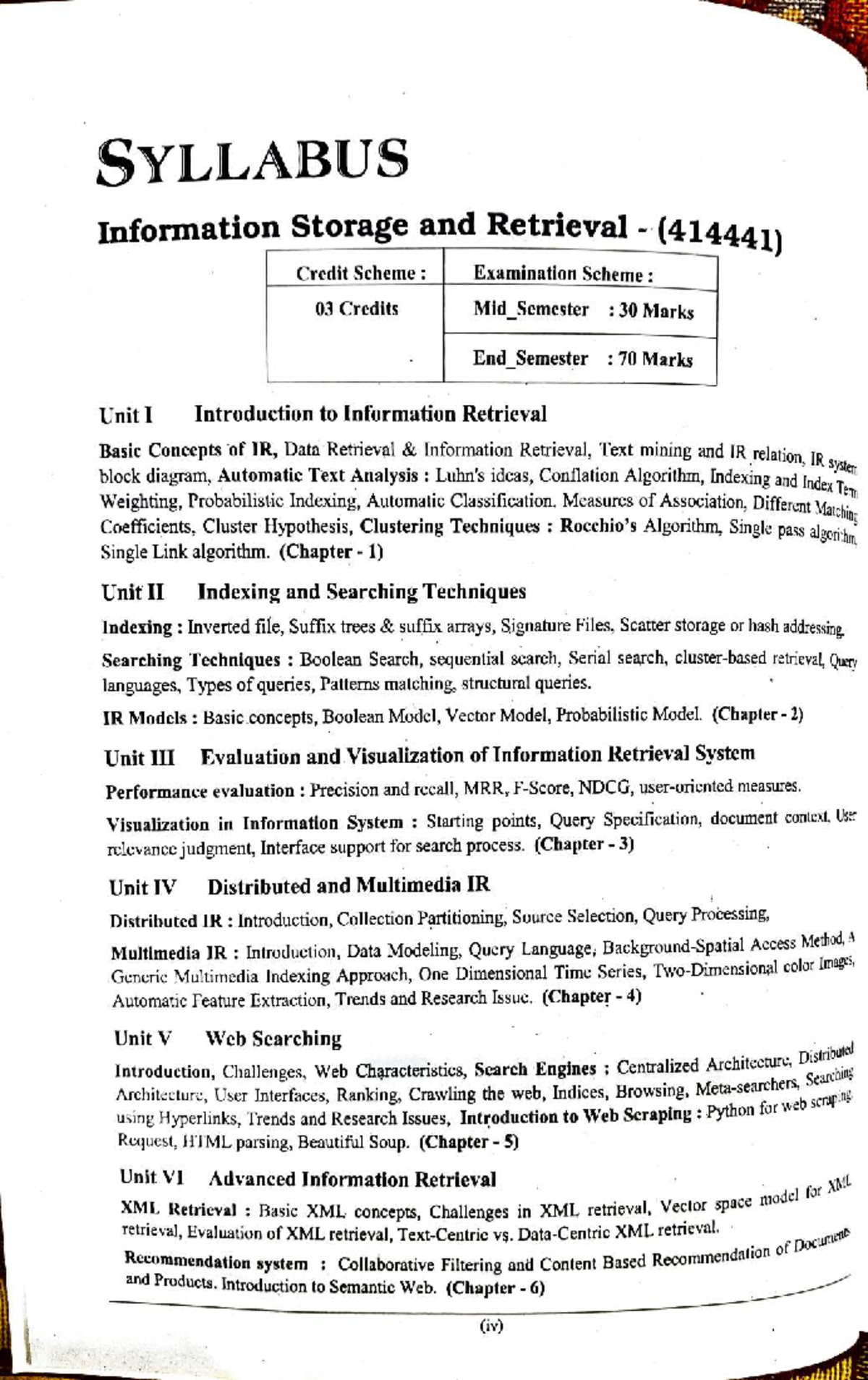 ISR 101: Syllabus for Information Storage and Retrieval Course - Studocu