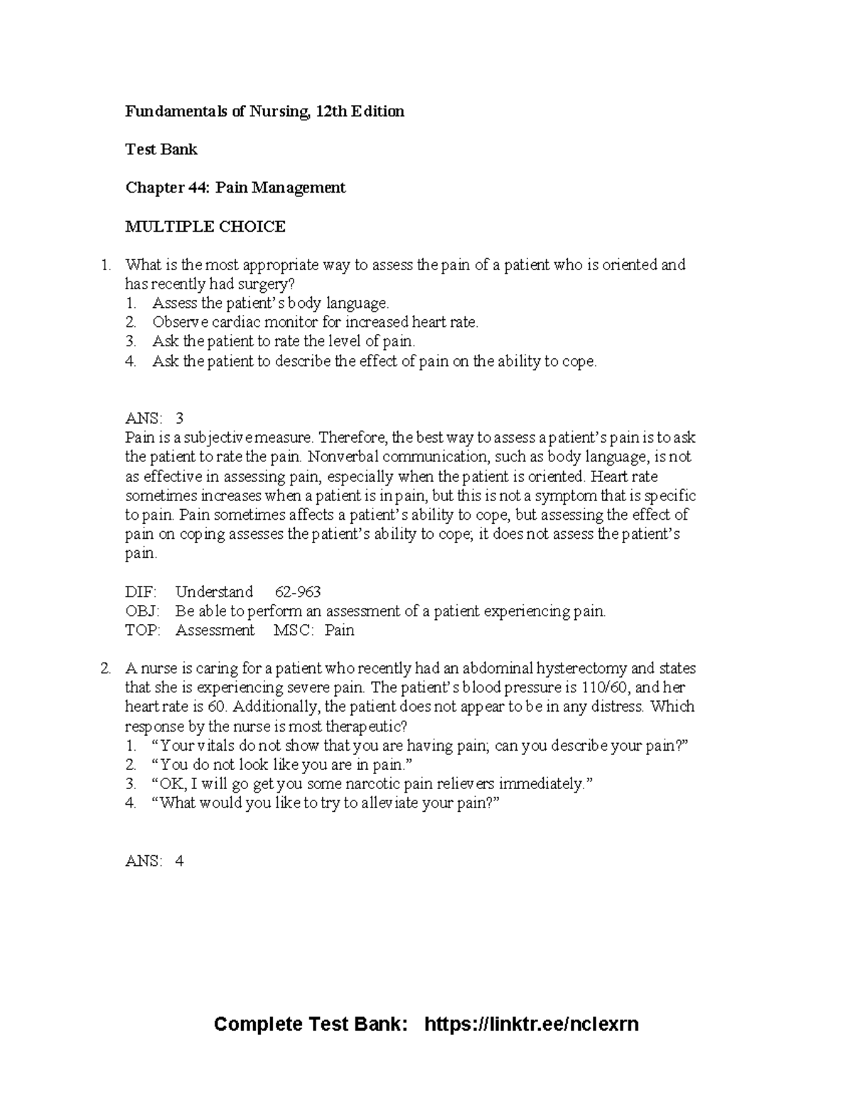 Pain Management Test Bank: Fundamentals of Nursing, 12th Ed, Chapter 44 ...