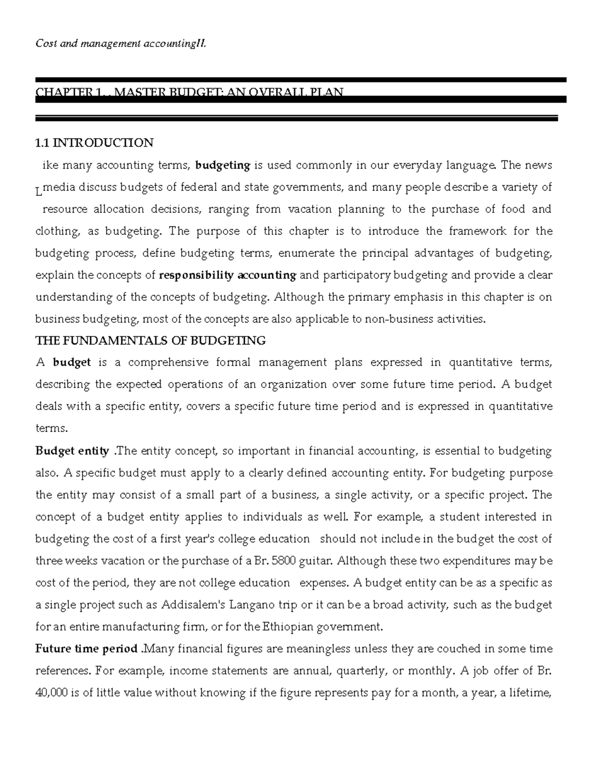 Cost and Management Accounting II: Chapter 1 - Master Budget Overview ...