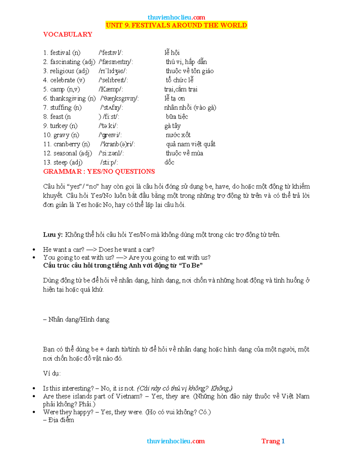 UNIT 9: FESTIVALS AROUND THE WORLD - VOCABULARY & GRAMMAR - Studocu