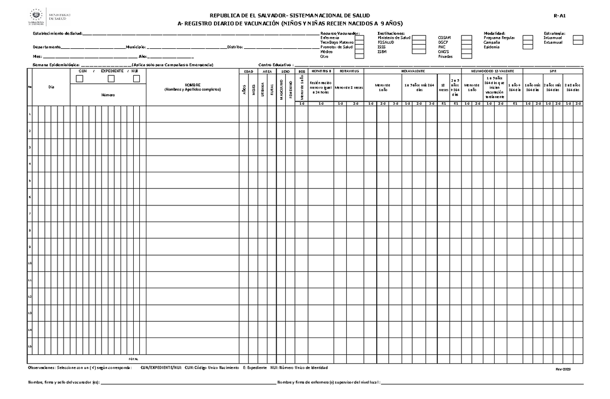 Registro Diario de Vacunación (Niños y Niñas) - Form-RTVacuna-Est-2025 ...