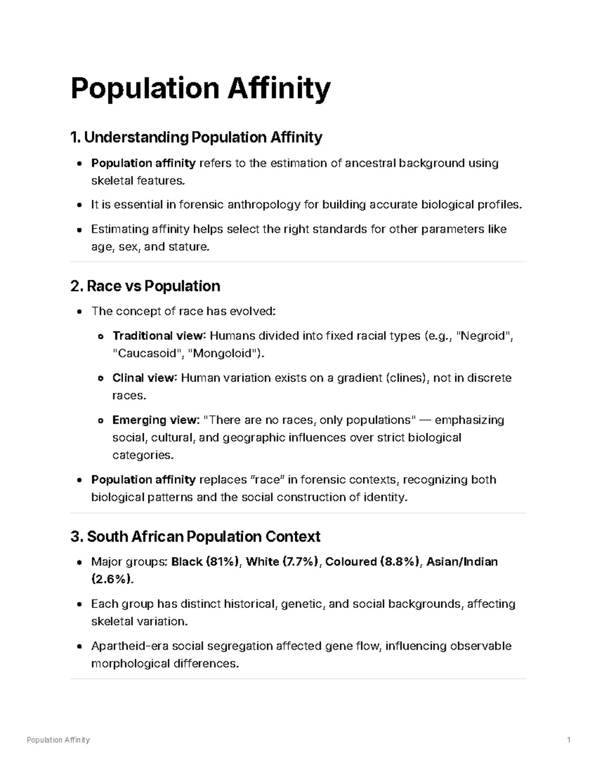 Population Affinity Summary: Forensic Anthropology Insights - Studocu
