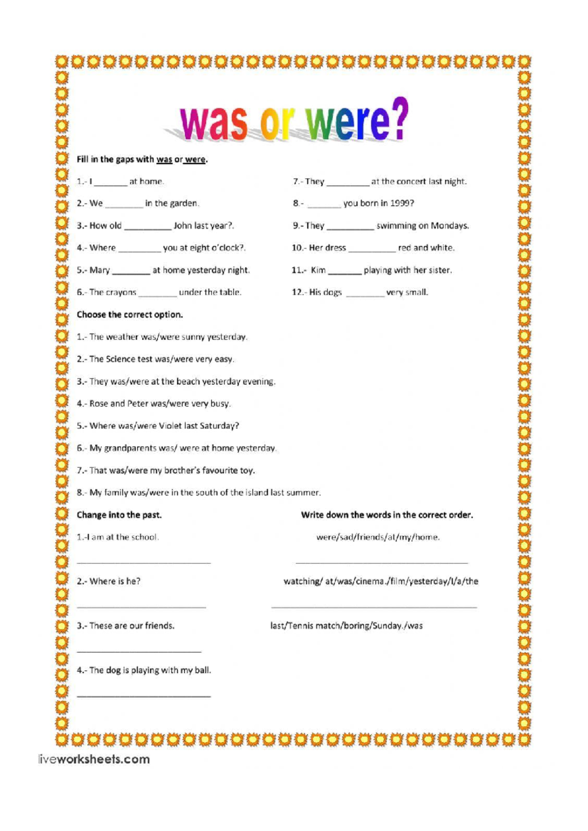 Worksheet 46872 - Fill in the Gaps with Was or Were - Studocu