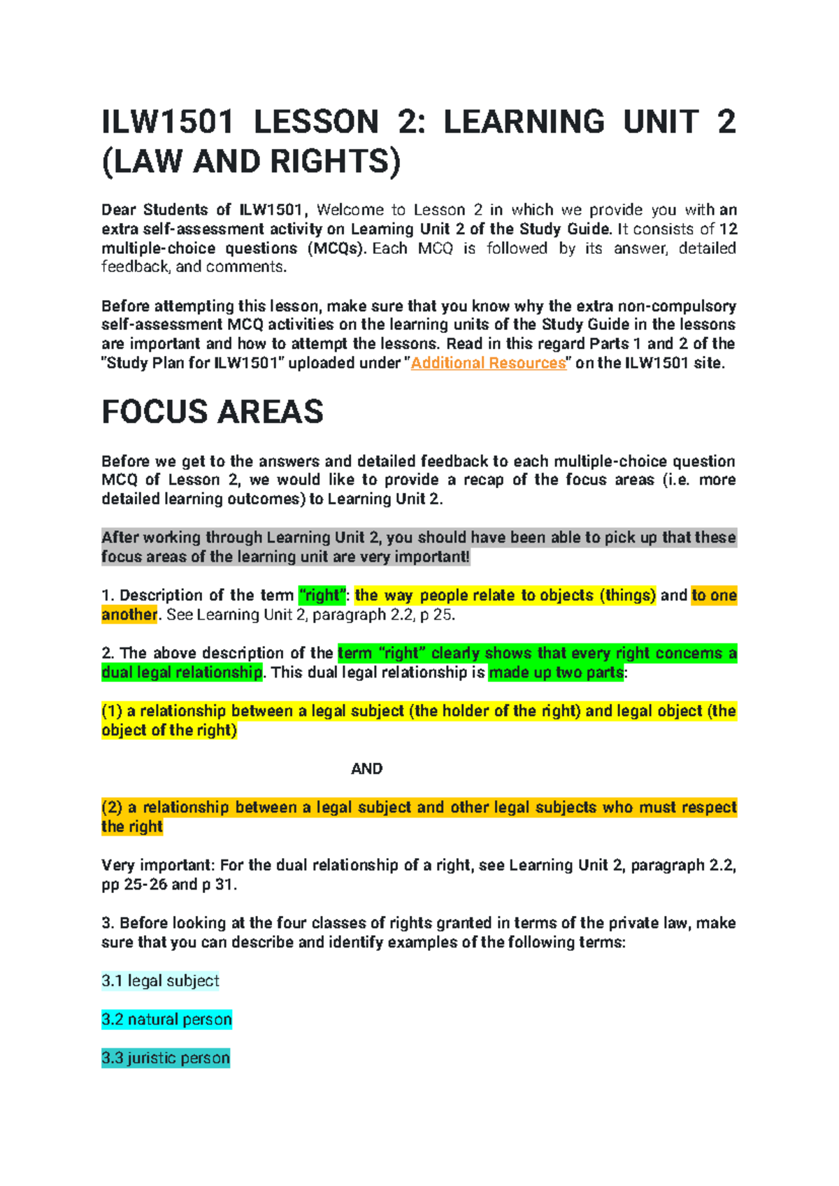 ILW1501 Lesson 2: Learning Unit 2 - Law and Rights MCQs - Studocu