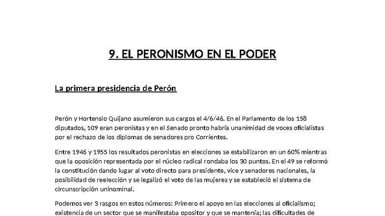 9. EL PERONISMO EN EL PODER: Análisis de la Primera Presidencia de ...