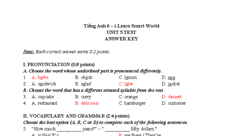 Tiếng Anh 6 Smart World - Unit 5 Test Answer Key with Listening - Studocu