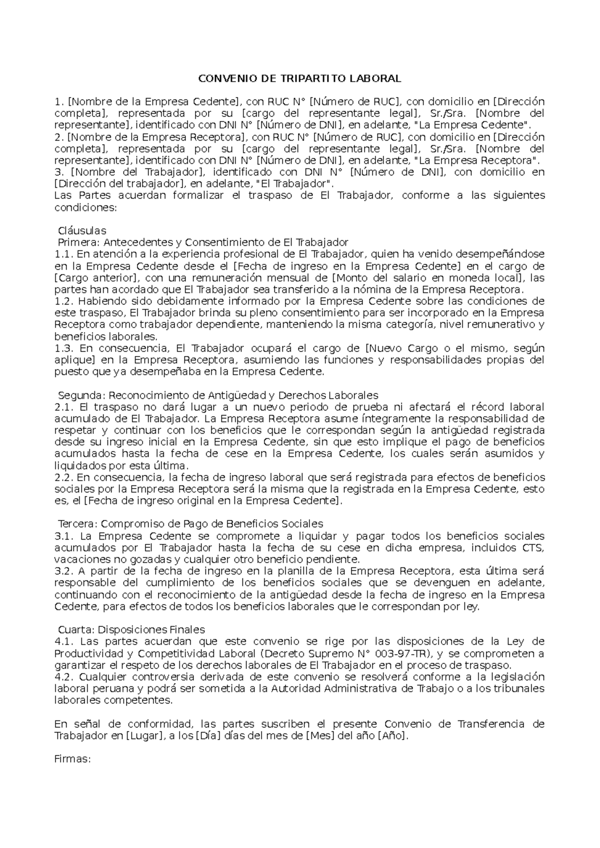 Convenio de Transferencia de Trabajador: Aspectos Laborales Esenciales - Document Preview