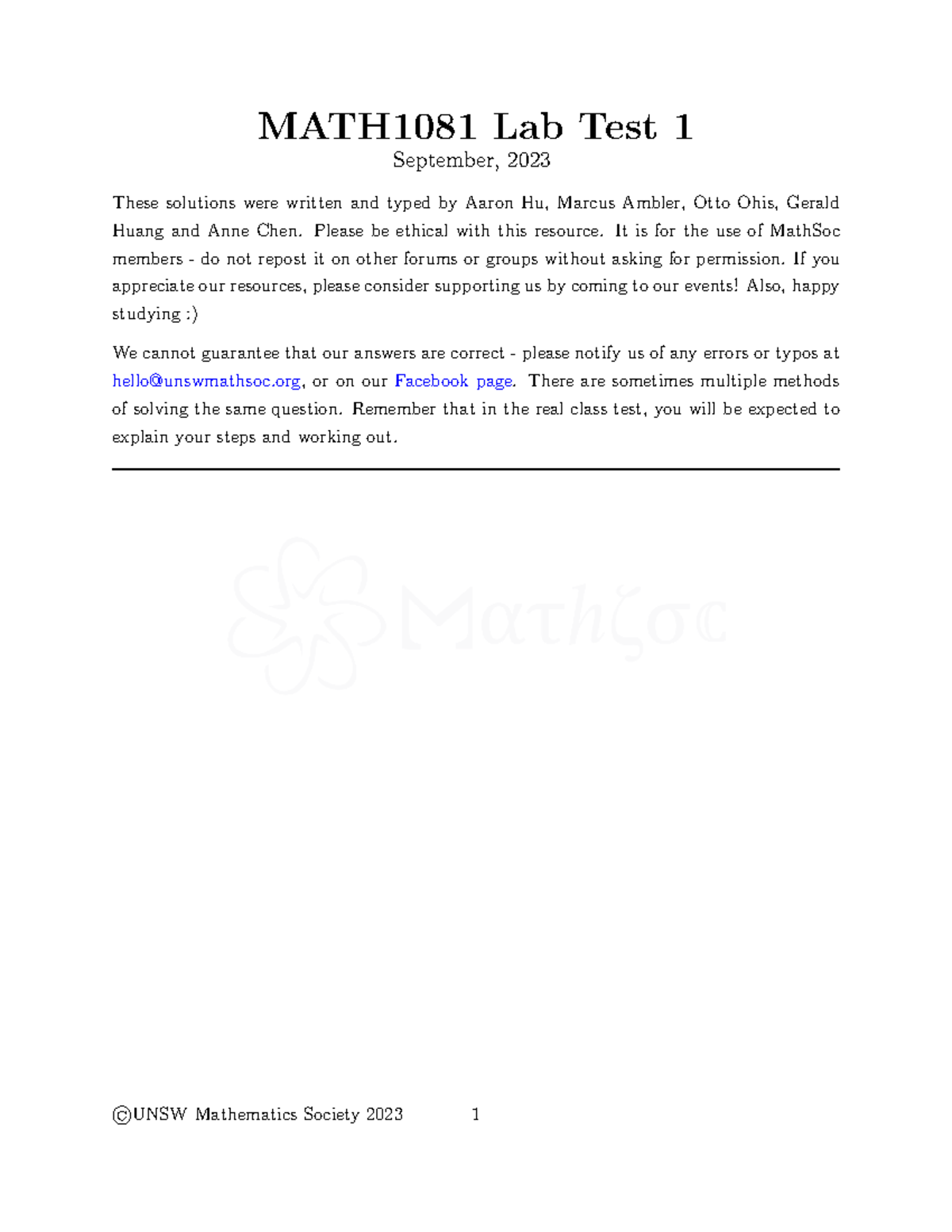 MATH1081 Lab Test 1 Detailed Solutions and Analysis - Studocu
