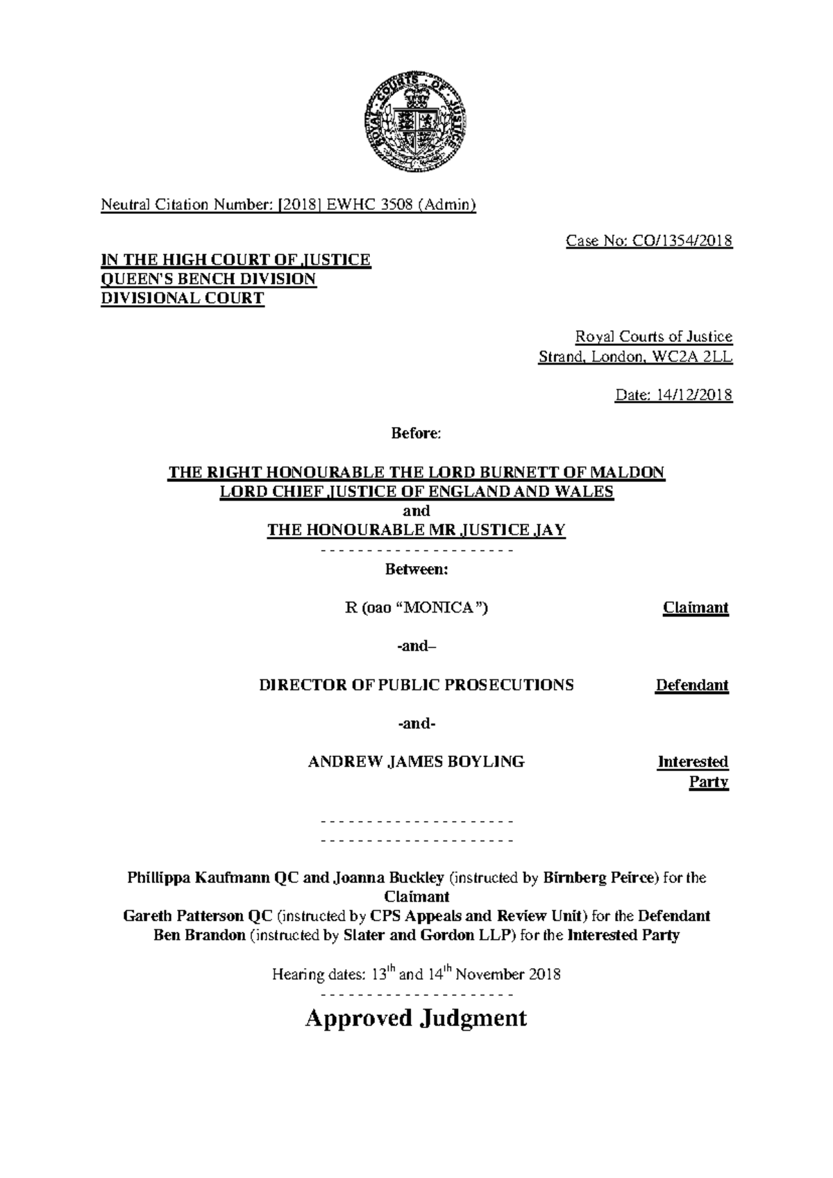 Judicial Review of DPP's Decision in Monica v DPP Case (EWHC 3508 ...