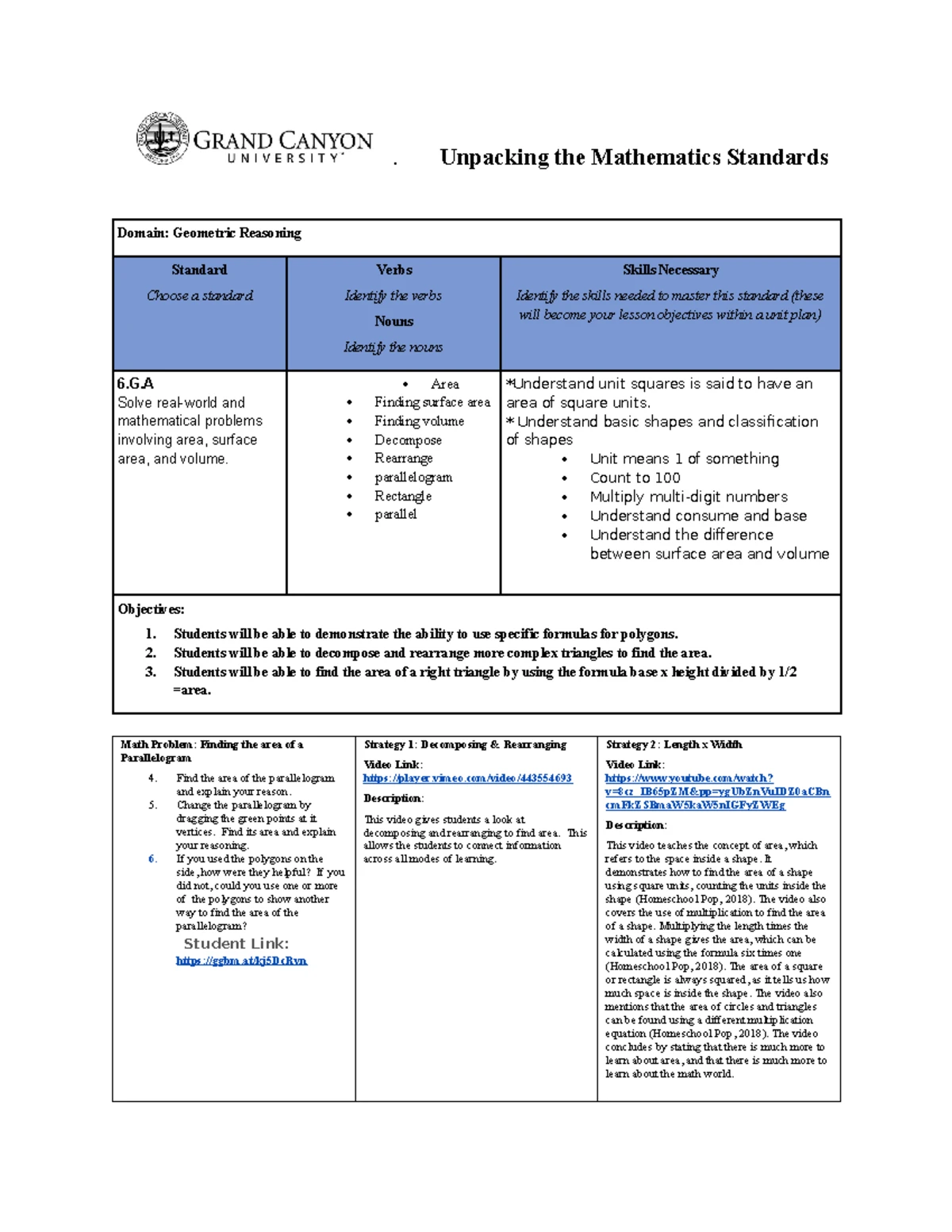 Brewster ELM 560: Unpacking Geometric & Algebraic Math Standards - Studocu