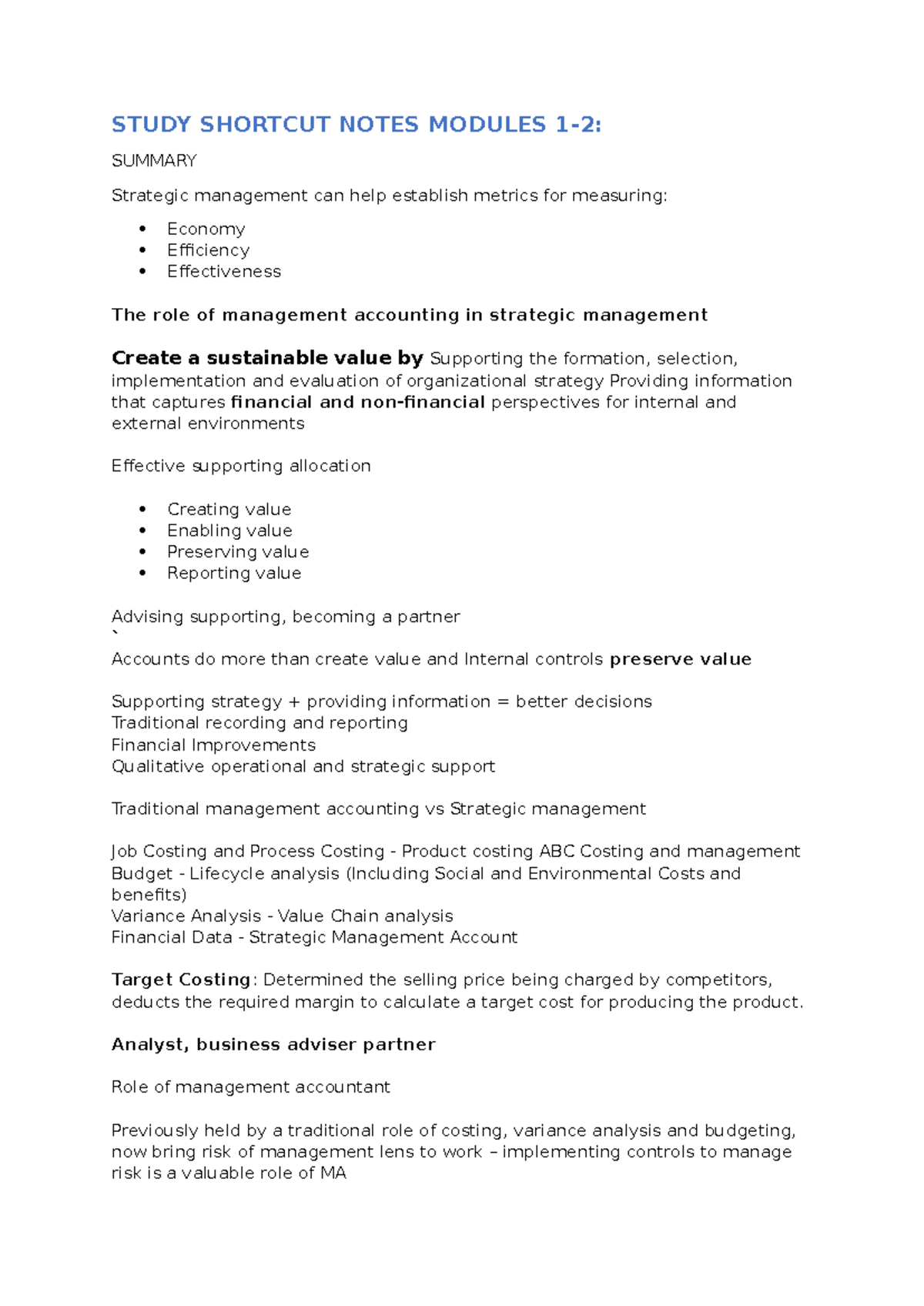 Study Shortcut Notes - Module 1-2: Strategic Management Accounting ...