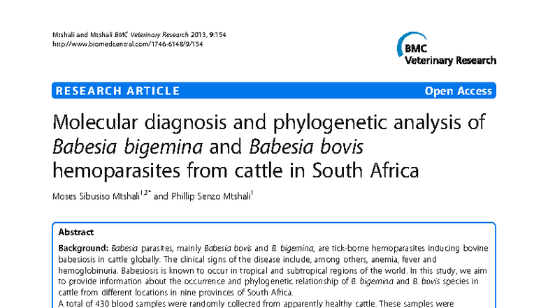 Molecular Diagnosis and Phylogenetic Analysis of Babesia in Cattle (BMC ...
