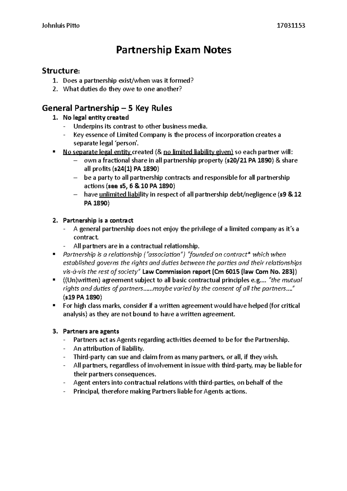 Partnership Exam Notes - Partnership Exam Notes Structure: Does a ...