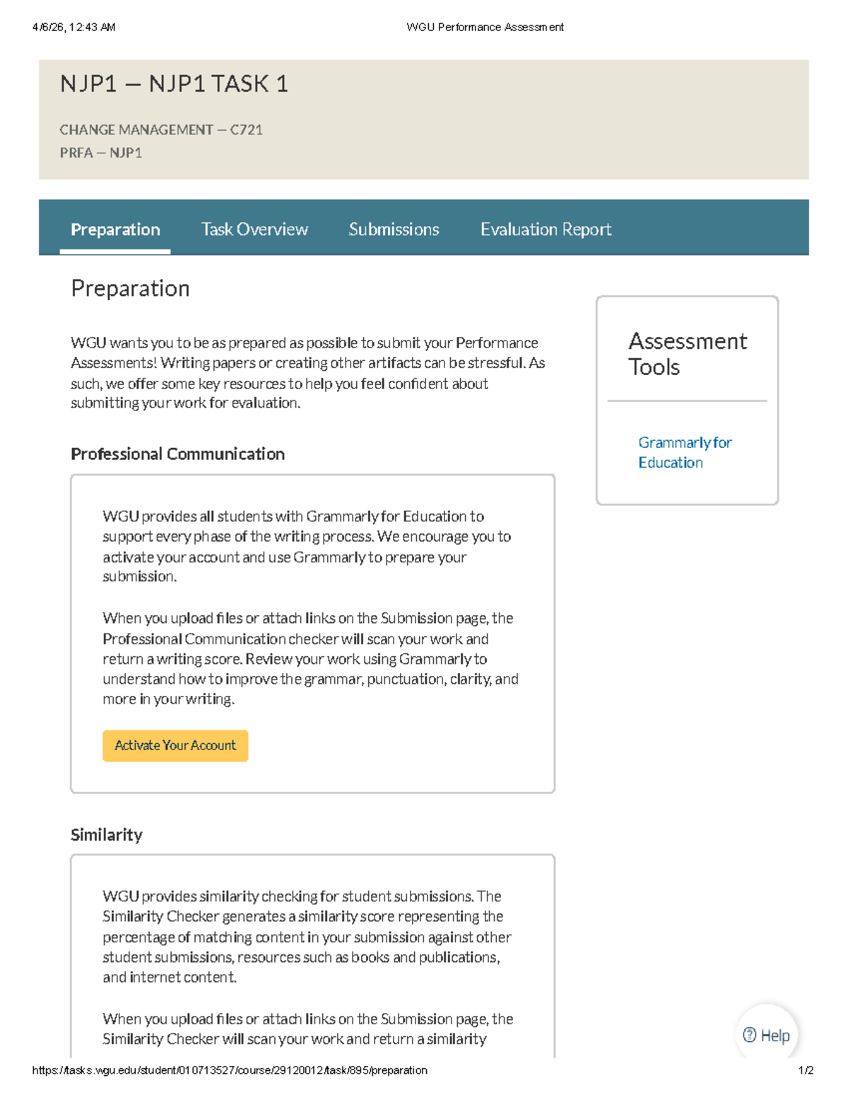 NJP1 C721 Performance Assessment 1: Change Management Guide - Studocu